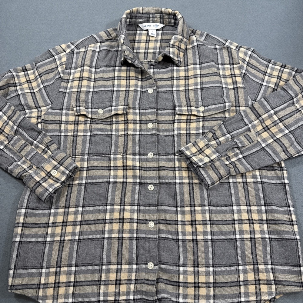 FLANNEL SHIRT OVERSIZED WOMEN MEDIUM Old Navy Boyfriend GRAY PLAID Neutral